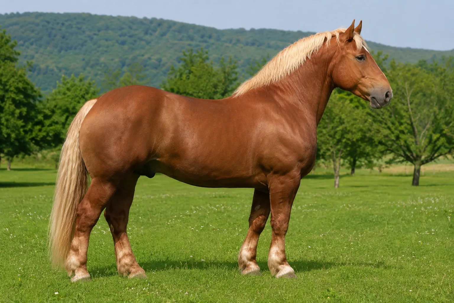 Bay Azteca horse, in profile, in an arid Mexican landscape, showcasing its musculature and elegance.
