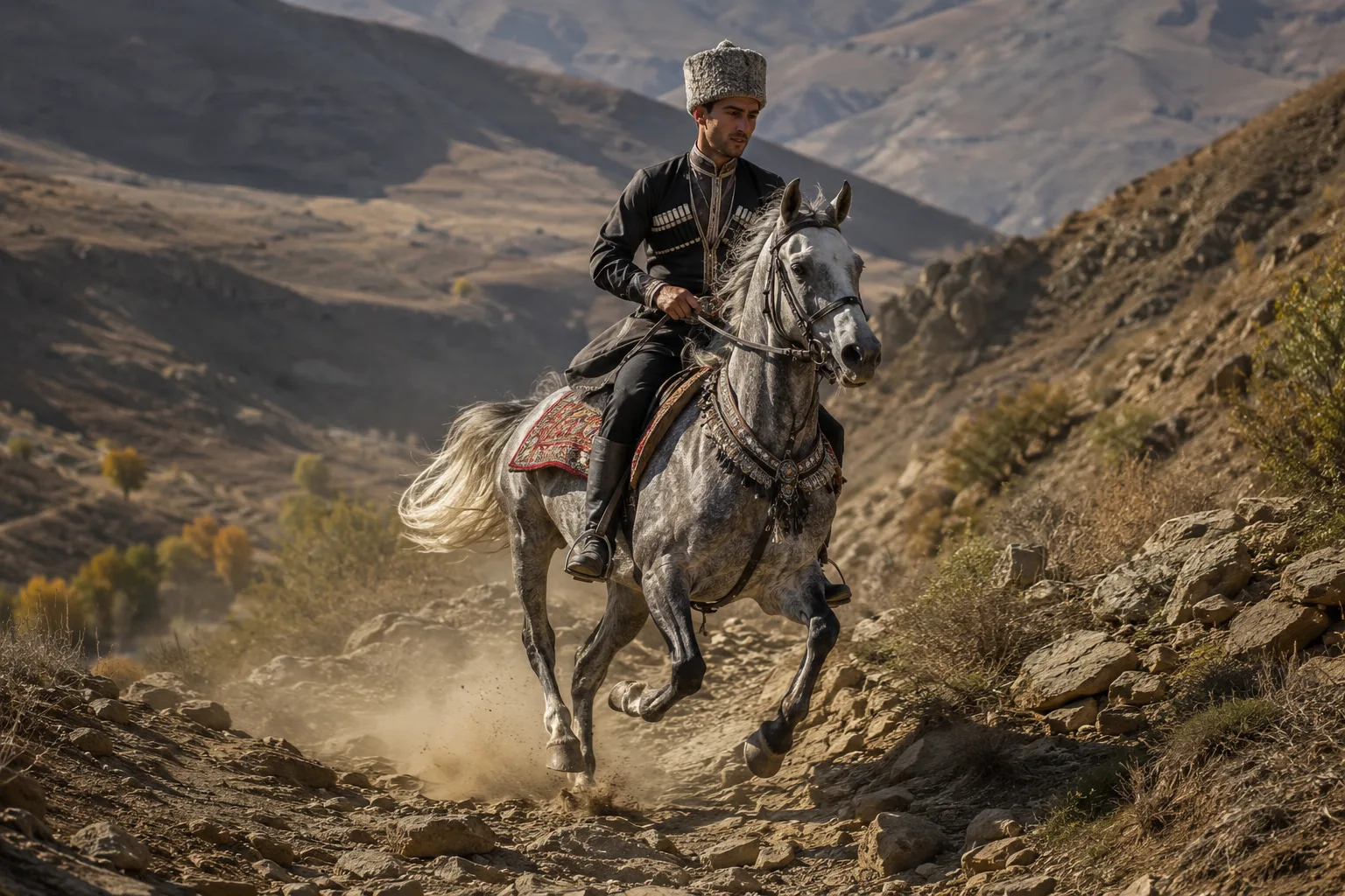 Baise horse in action, pulling a light cart on a dirt road, illustrating its use in harness.