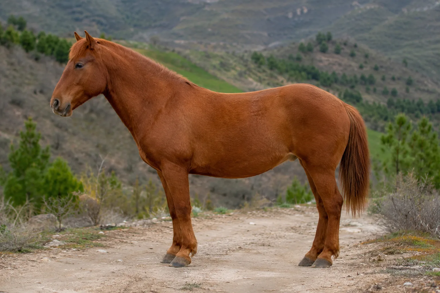 Chestnut Baise horse with flaxen mane and tail, showing the texture of its coat and the robustness of its limbs.