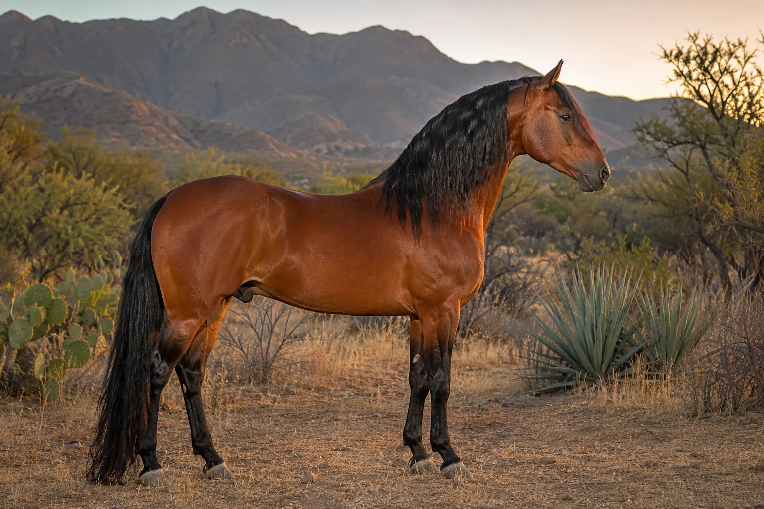 Bale horse in profile, bay coat, on mountainous terrain in Ethiopia