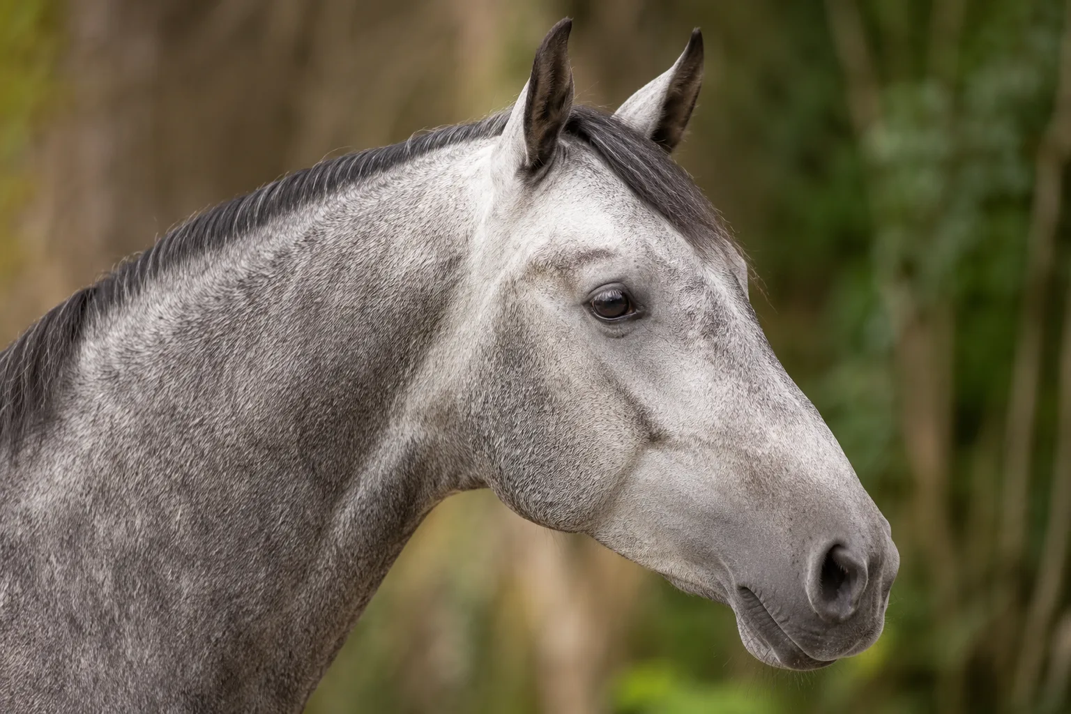 Close-up portrait of a Bale horse's head, straight profile