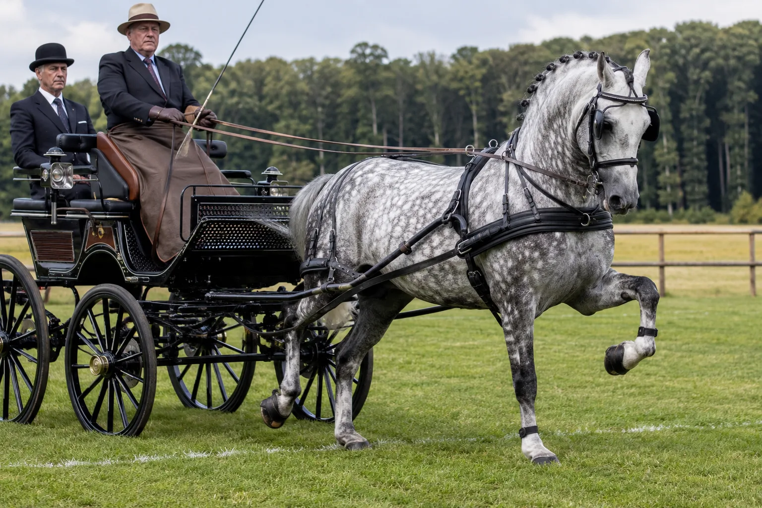 Grey Boulonnais horse at a full trot, pulling a competition carriage, demonstrating its power and elegance.