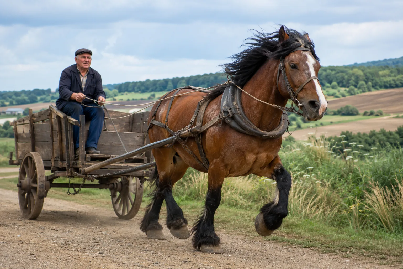 Breton horse in action, pulling a wooden cart on a dirt road, in harness.
