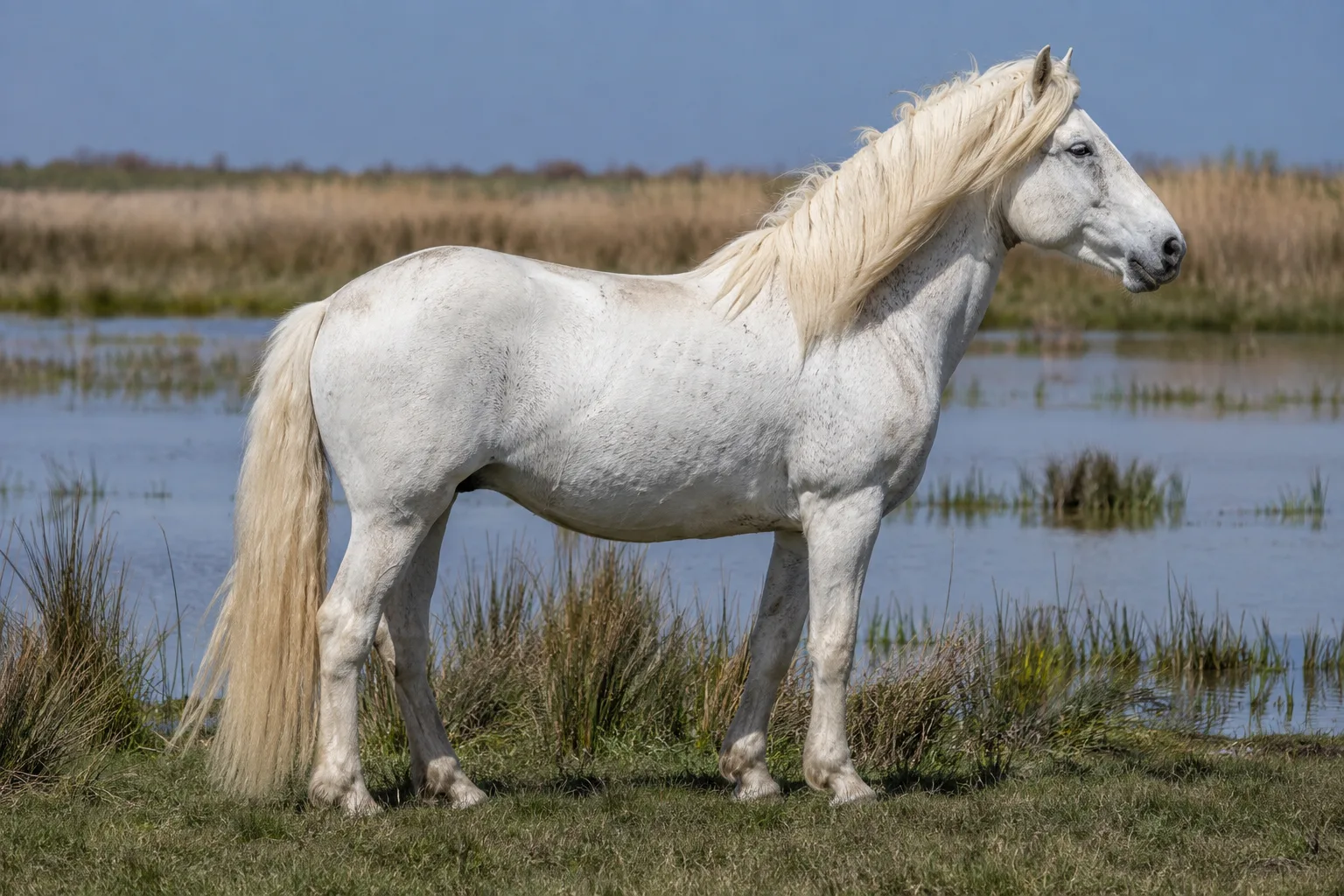 Full-body profile of a Camargue horse in the Camargue marshes, grey coat, white mane and tail.