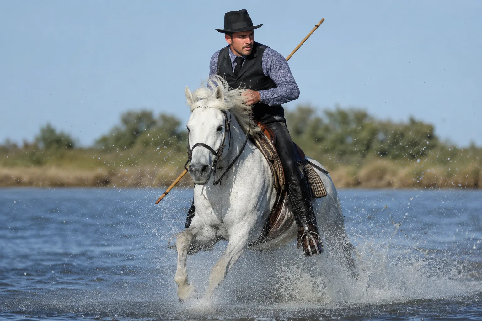 Camargue horse at full gallop in the marsh water, ridden by a gardian.