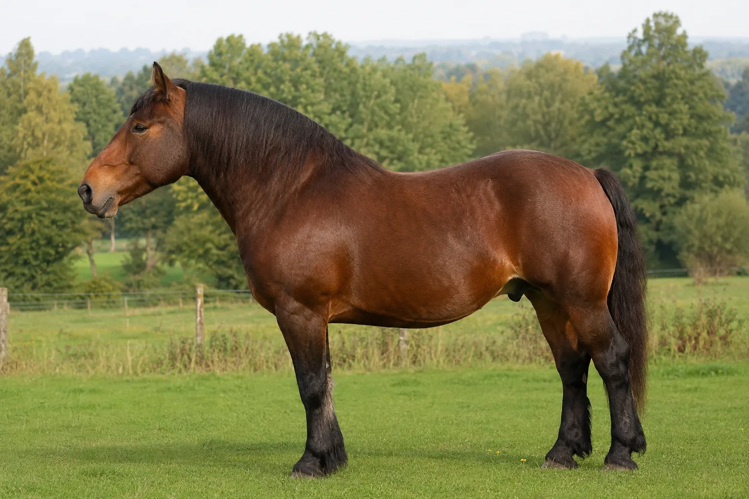 Bay Cob Normand horse, in profile, in a lush green meadow in Normandy, showcasing its powerful and compact silhouette.