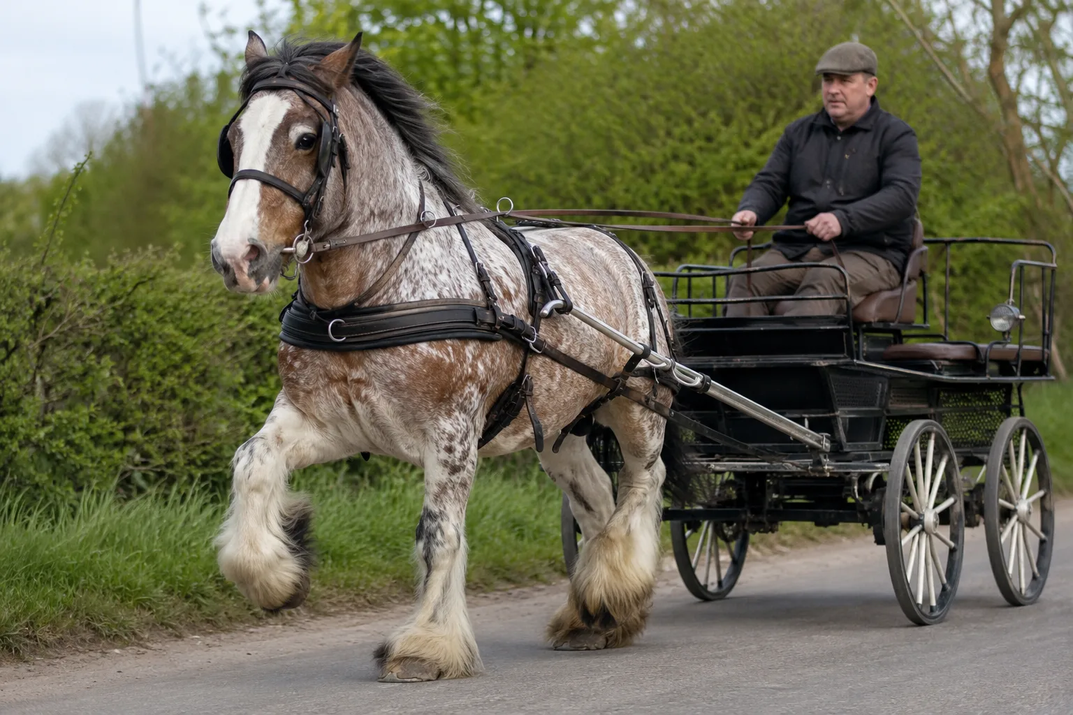 Cob Normand in action, pulling a carriage on a country road, demonstrating its driving abilities.