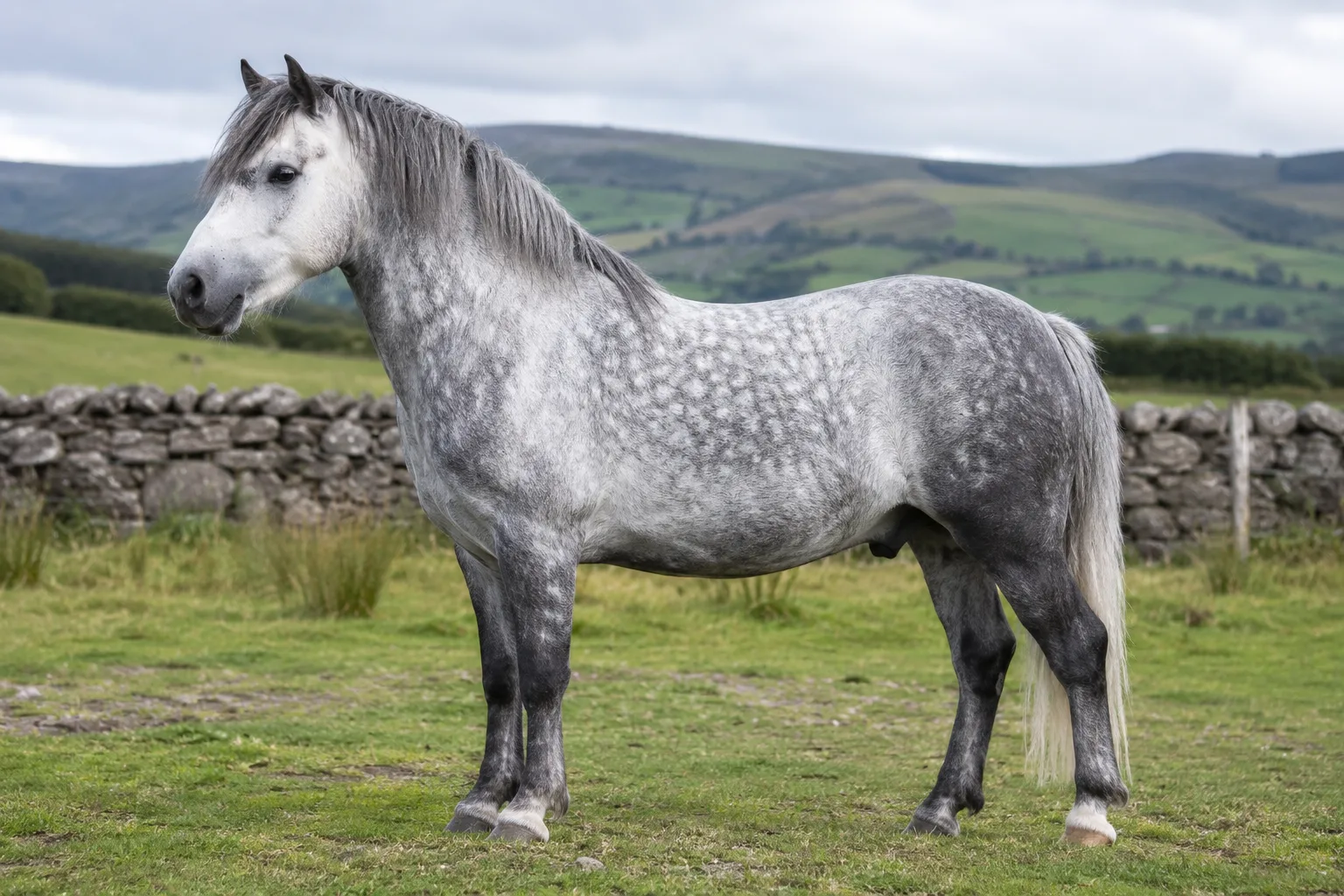 Full-body profile of a grey Connemara pony in a typical Irish landscape, showcasing its compact and muscular build.