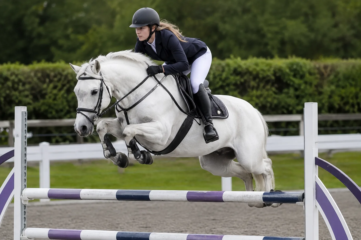 Connemara pony mid-show jump with a rider, demonstrating its agility and power.