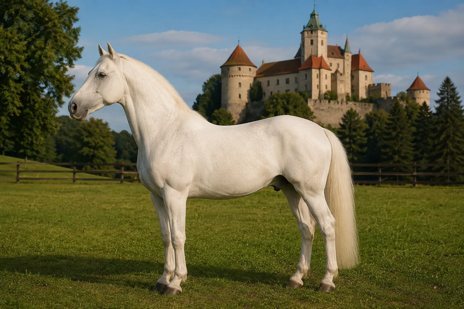 Cheval Criollo de profil dans la pampa argentine, robe gateado, silhouette compacte et musclée