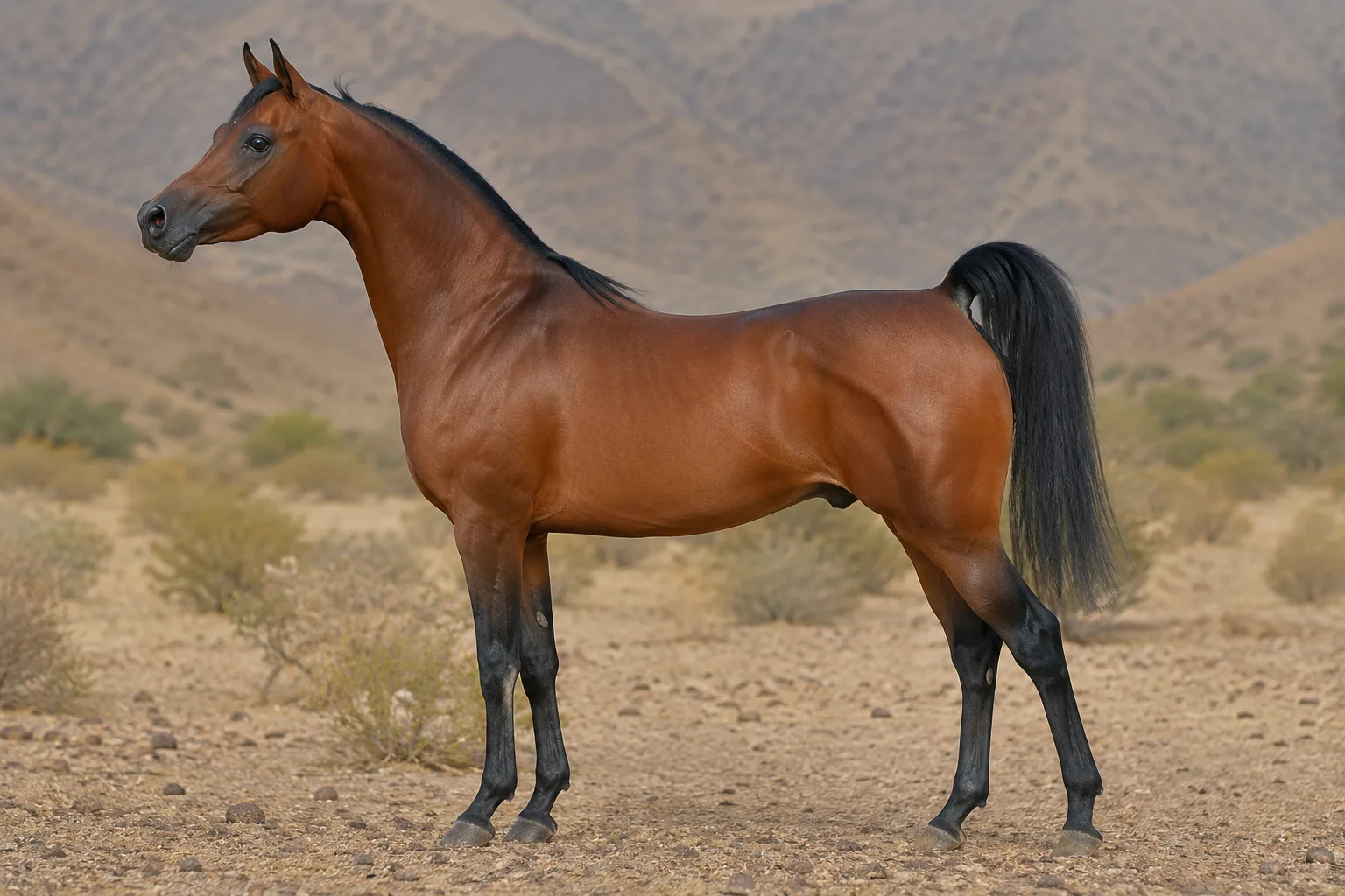 Full-body bay Falabella, in profile, in a green meadow, showing its small size and harmonious proportions.
