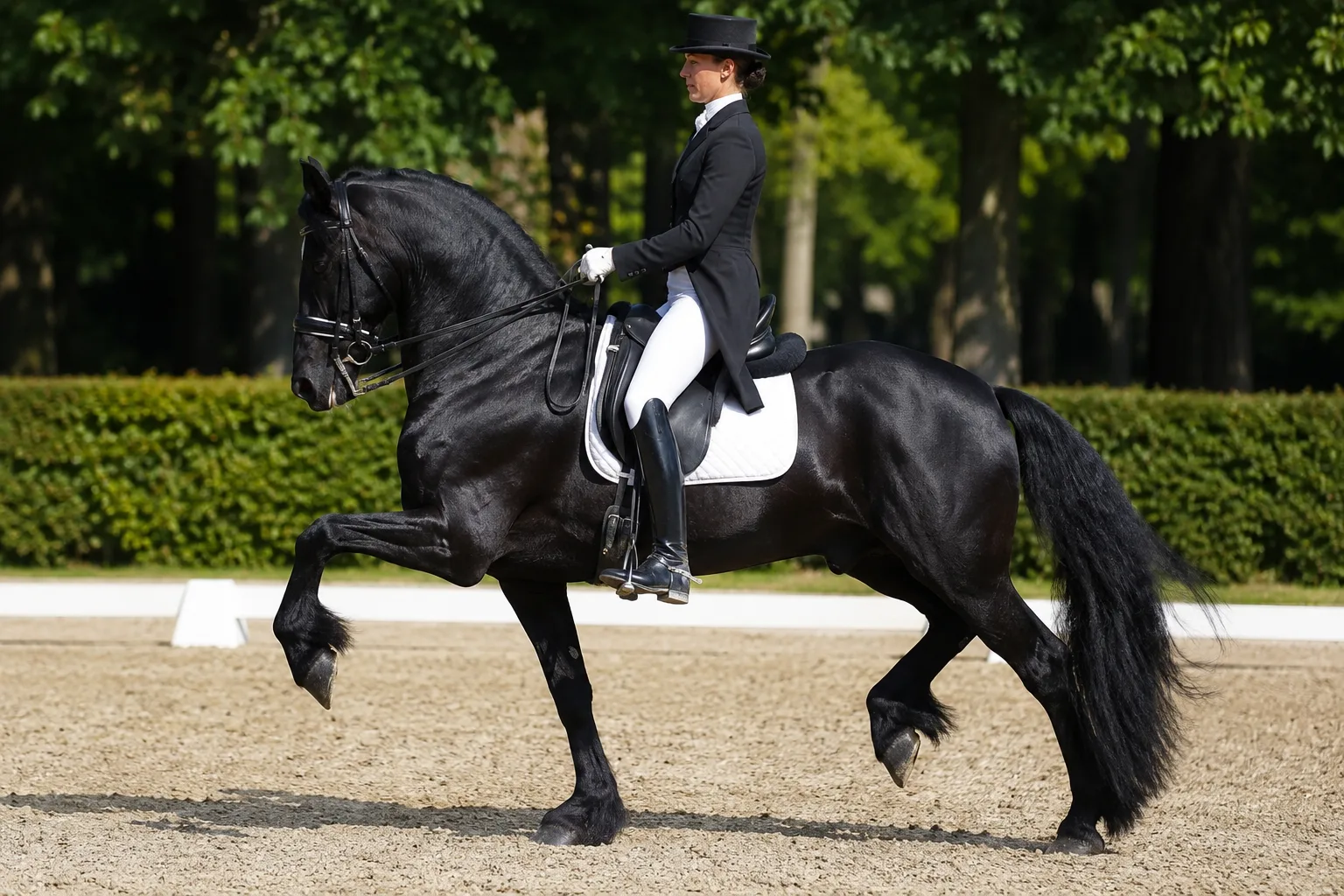 Cheval Frison noir en plein trot de dressage, avec un cavalier, montrant ses allures relevées et son élégance.