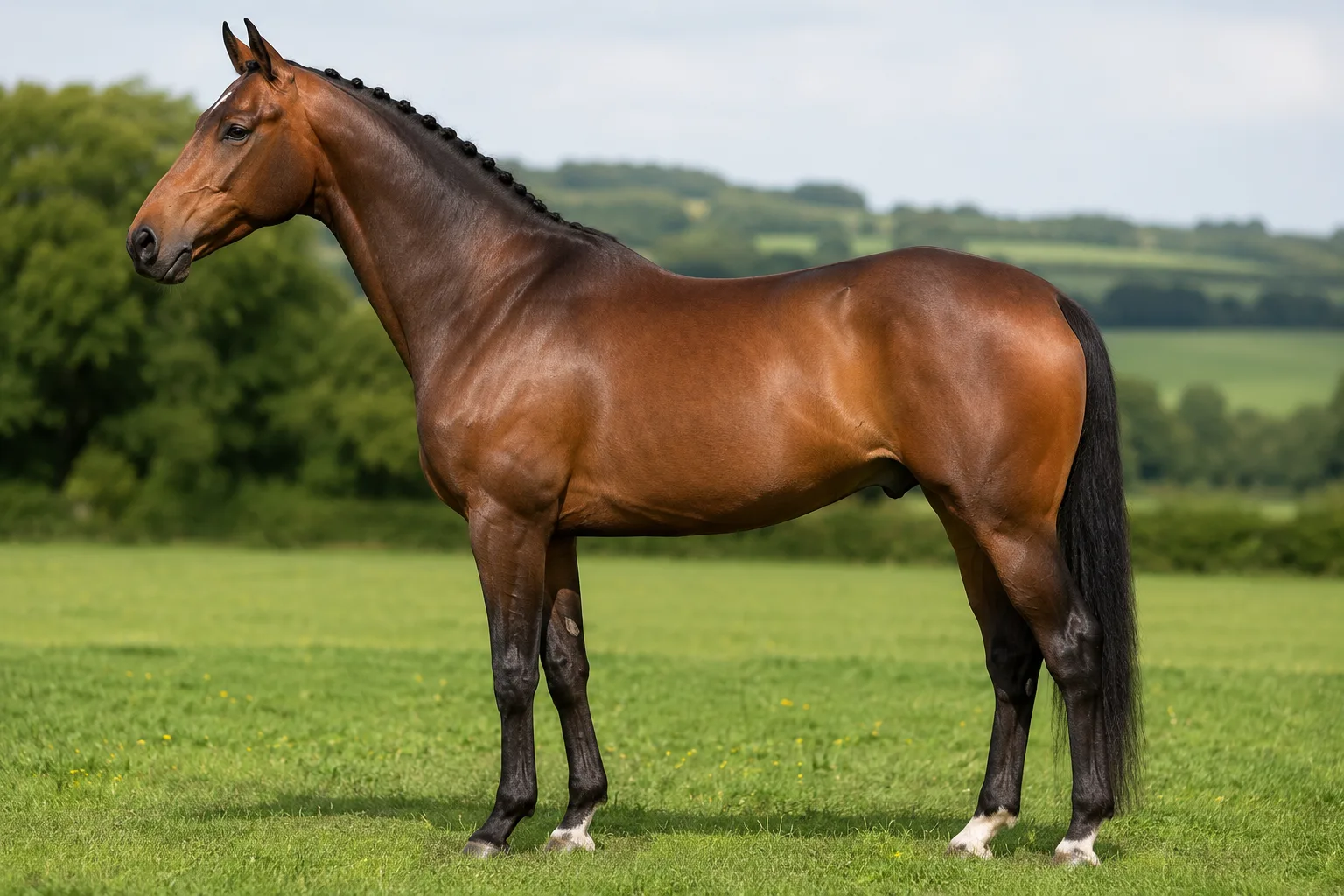 Cheval Hanovrien bai, de profil, debout dans un pré verdoyant, montrant sa morphologie athlétique et élégante.