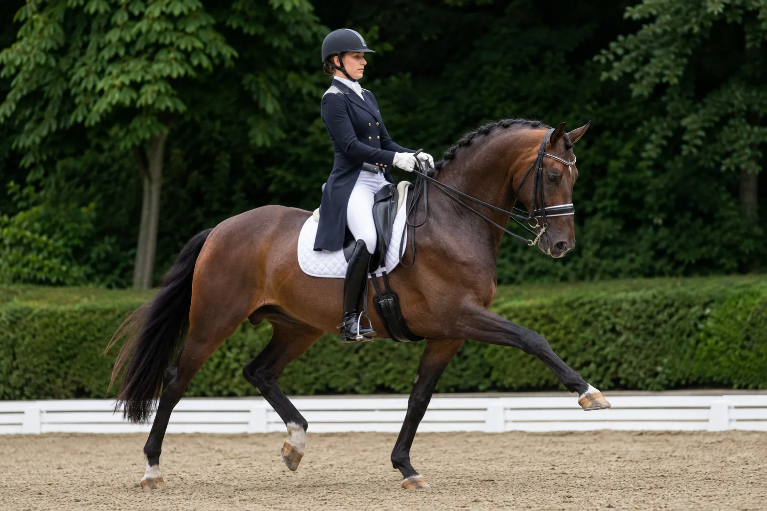 Cheval Hanovrien en plein galop étendu lors d'une compétition de dressage, montrant l'amplitude de ses allures.