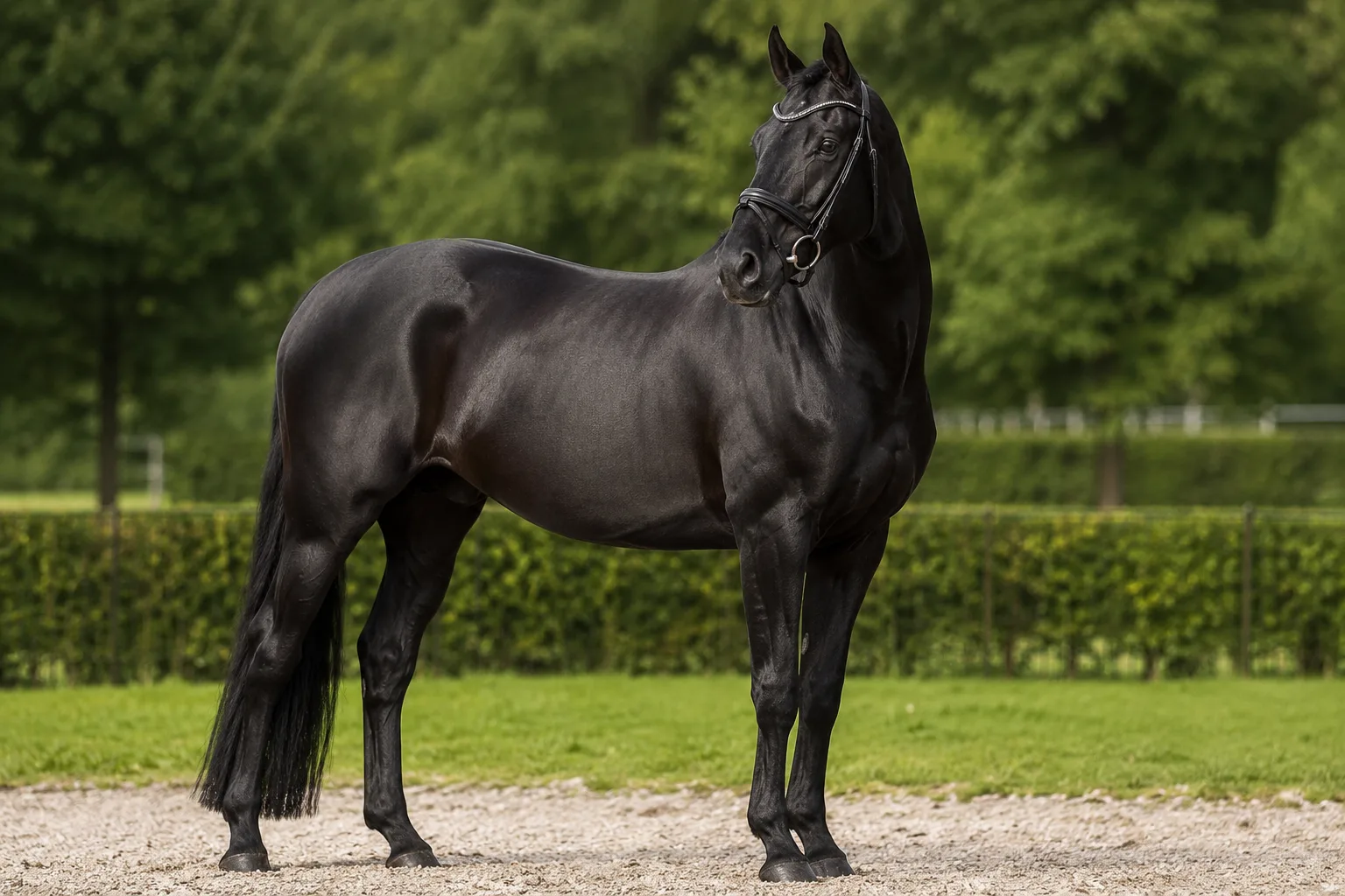 Cheval Hanovrien de robe noire, mettant en évidence la brillance de son pelage et sa musculature puissante.