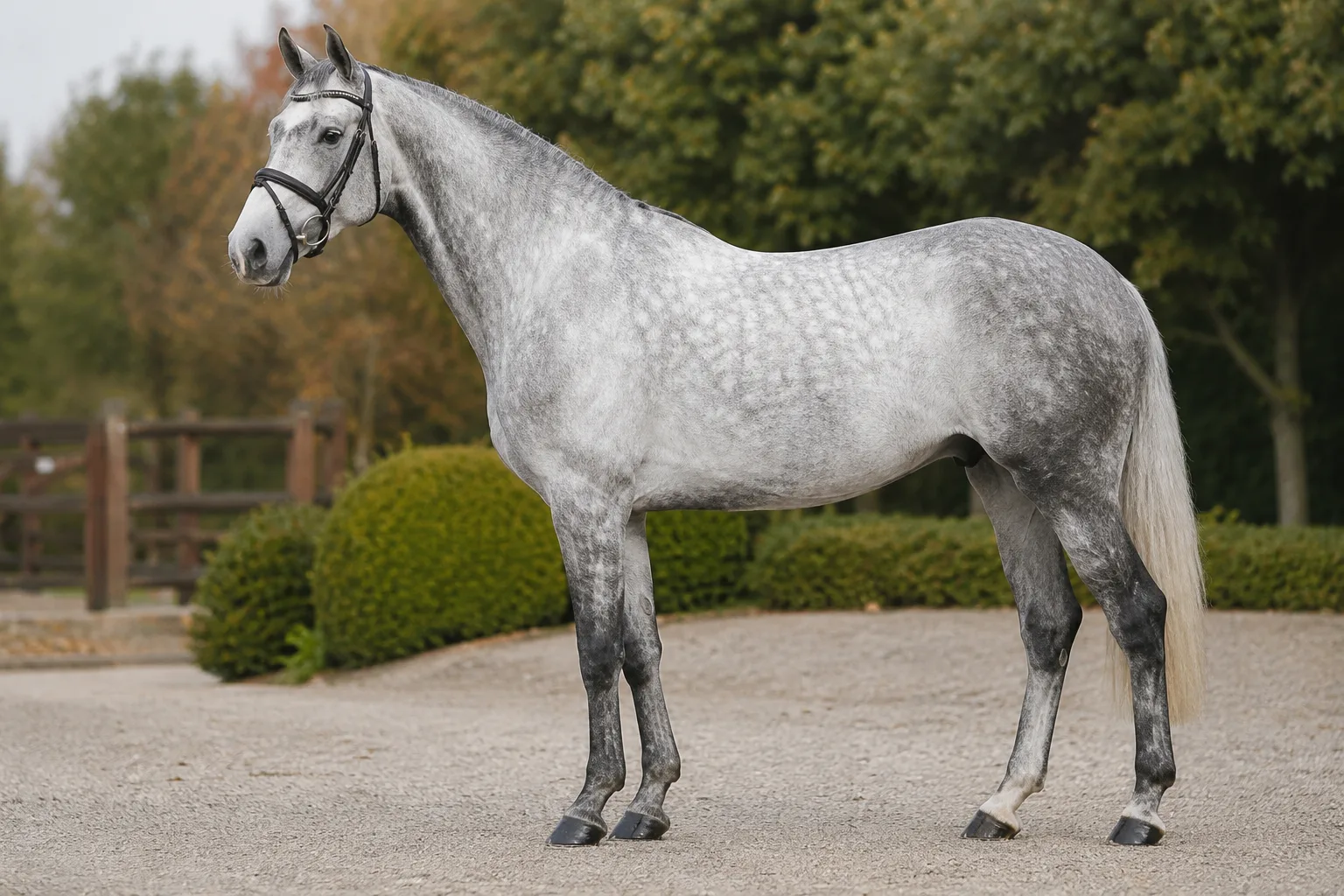 Dappled grey Holsteiner, highlighting the quality of its coat and the refinement of its limbs.