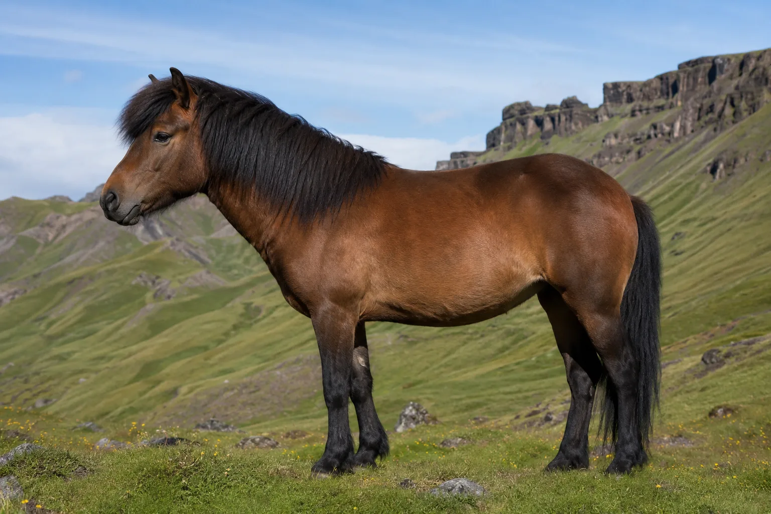 Full-body bay Icelandic horse, in profile, in a lush Icelandic landscape