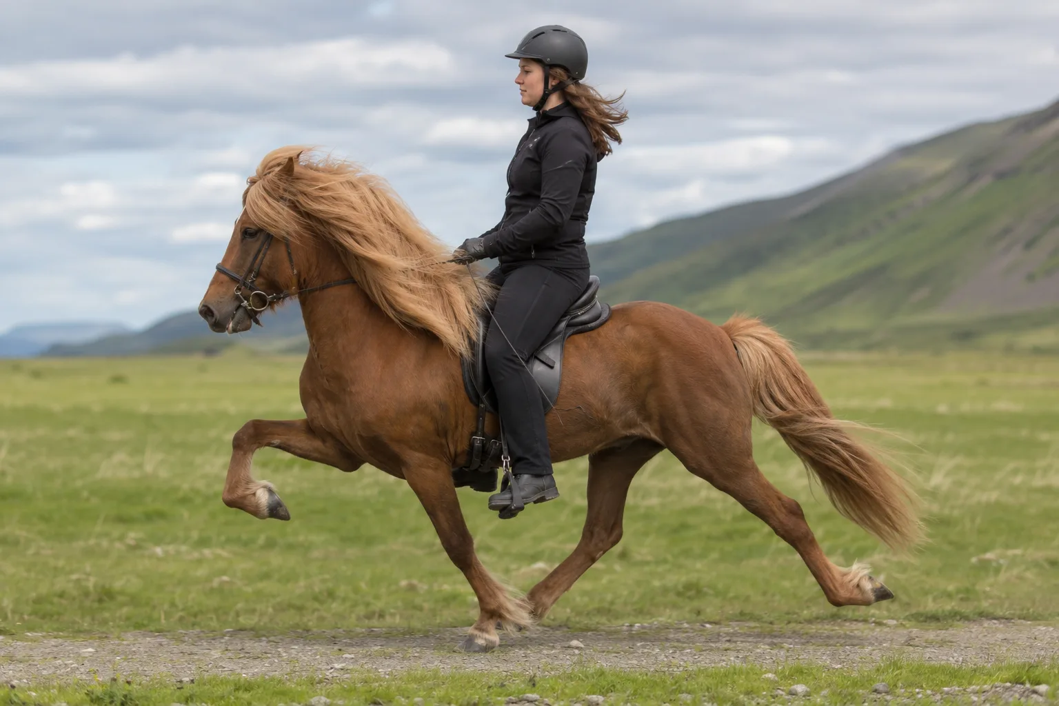 Icelandic horse in action at tölt with a rider, dynamic movement