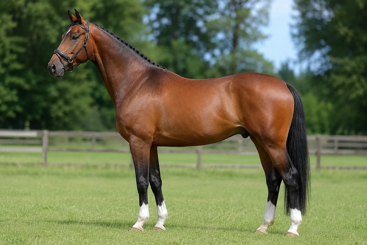 Bay KWPN / Warmblood horse, in profile, standing in a lush green meadow, showcasing its athletic and elegant silhouette.