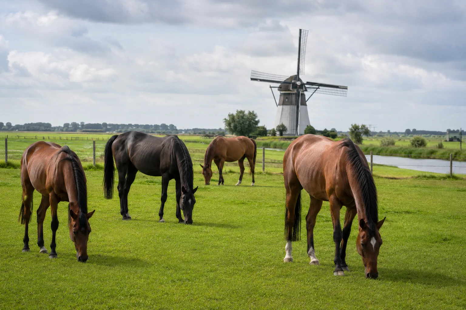 Several KWPN / Warmblood horses grazing in a Dutch polder landscape.