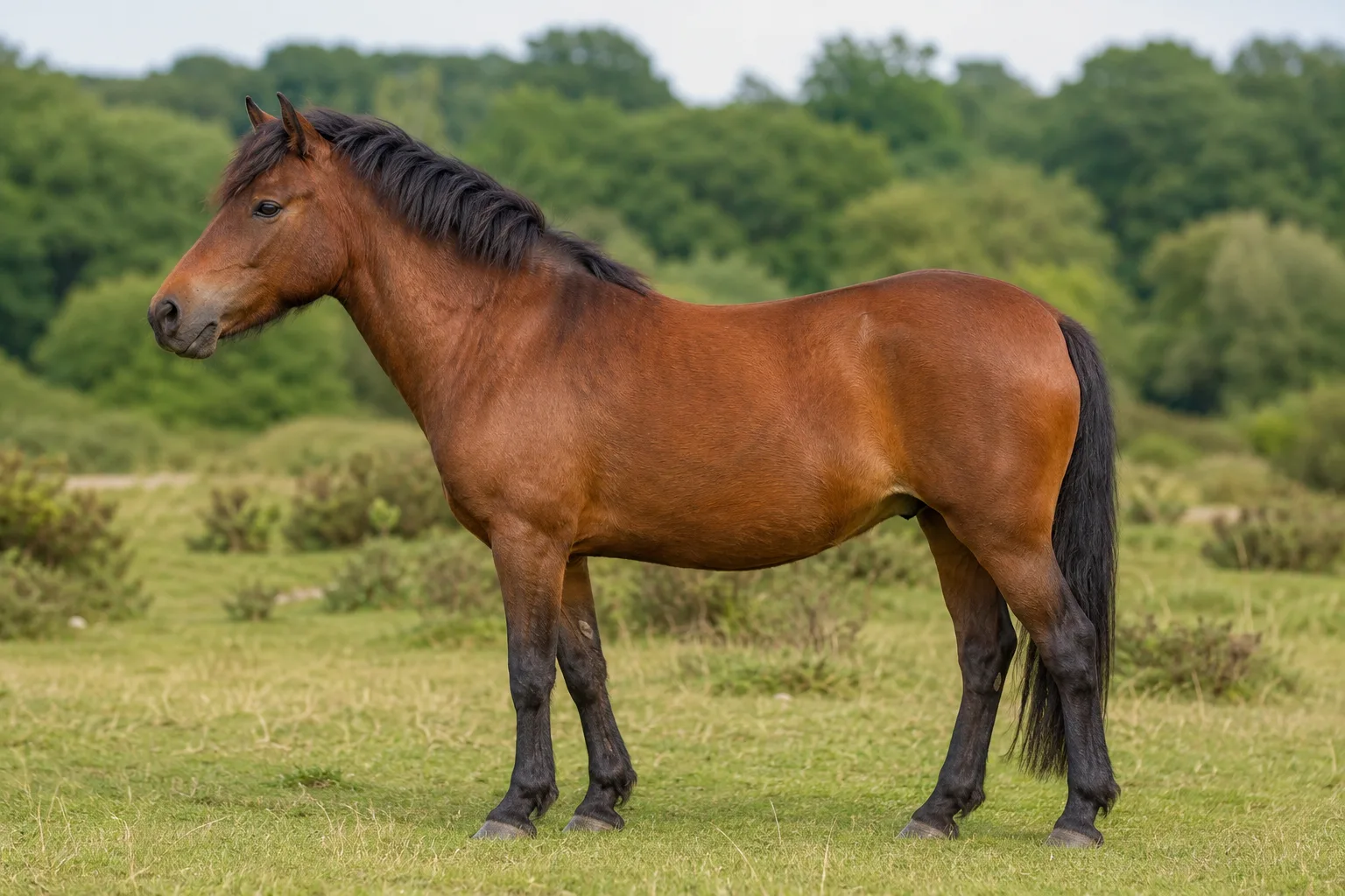 Full-body shot of a grey (white) Lipizzan horse, in profile, in a lush green meadow with a castle in the background, under late afternoon sun.