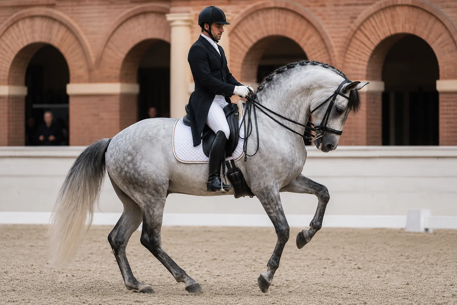 Grey Lusitano in action, performing a piaffe or collected canter in classical dressage, demonstrating its agility.