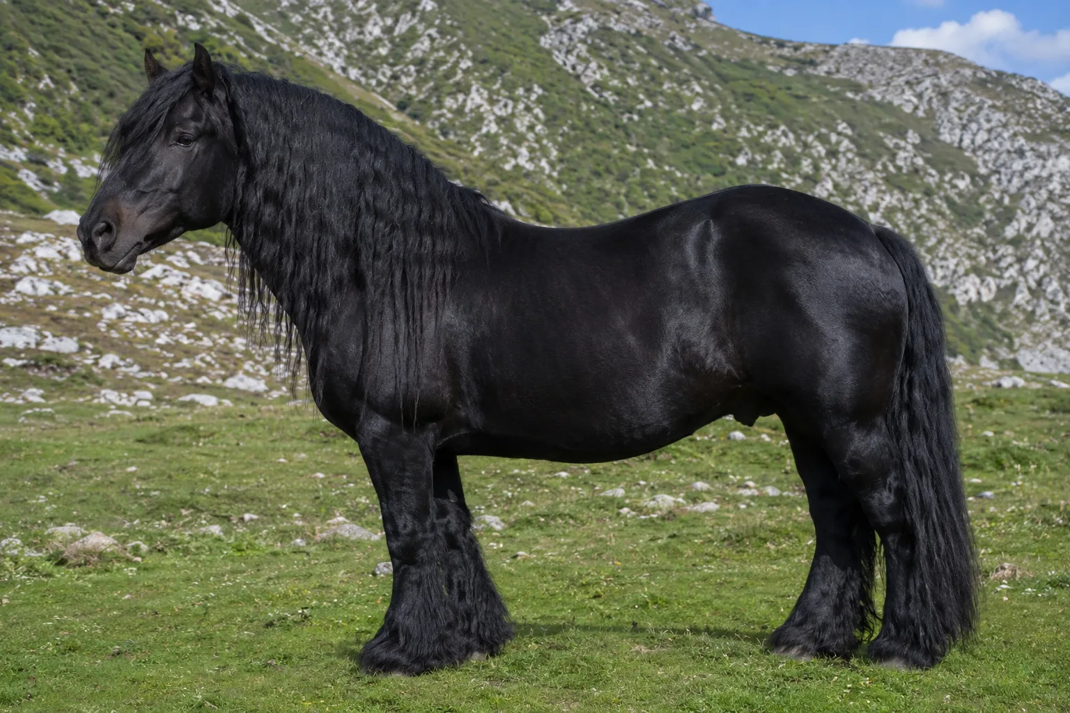 Full-body black Mérens horse, in profile, in a Pyrenean mountain pasture