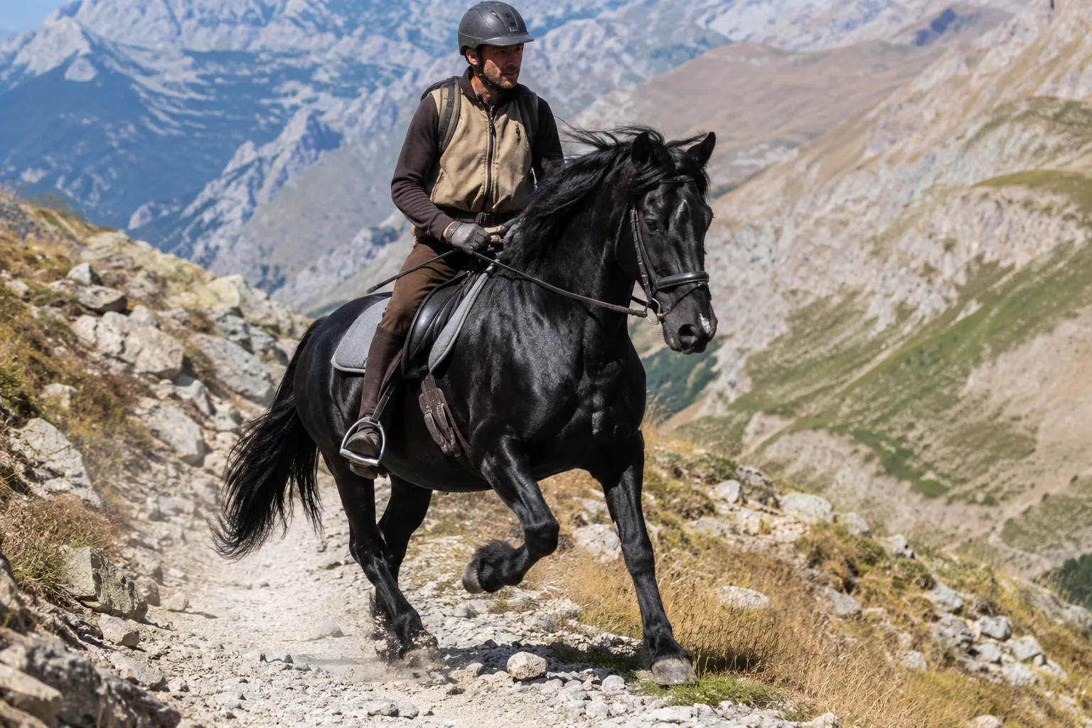 Mérens horse in action, trotting on a mountain trail with a rider