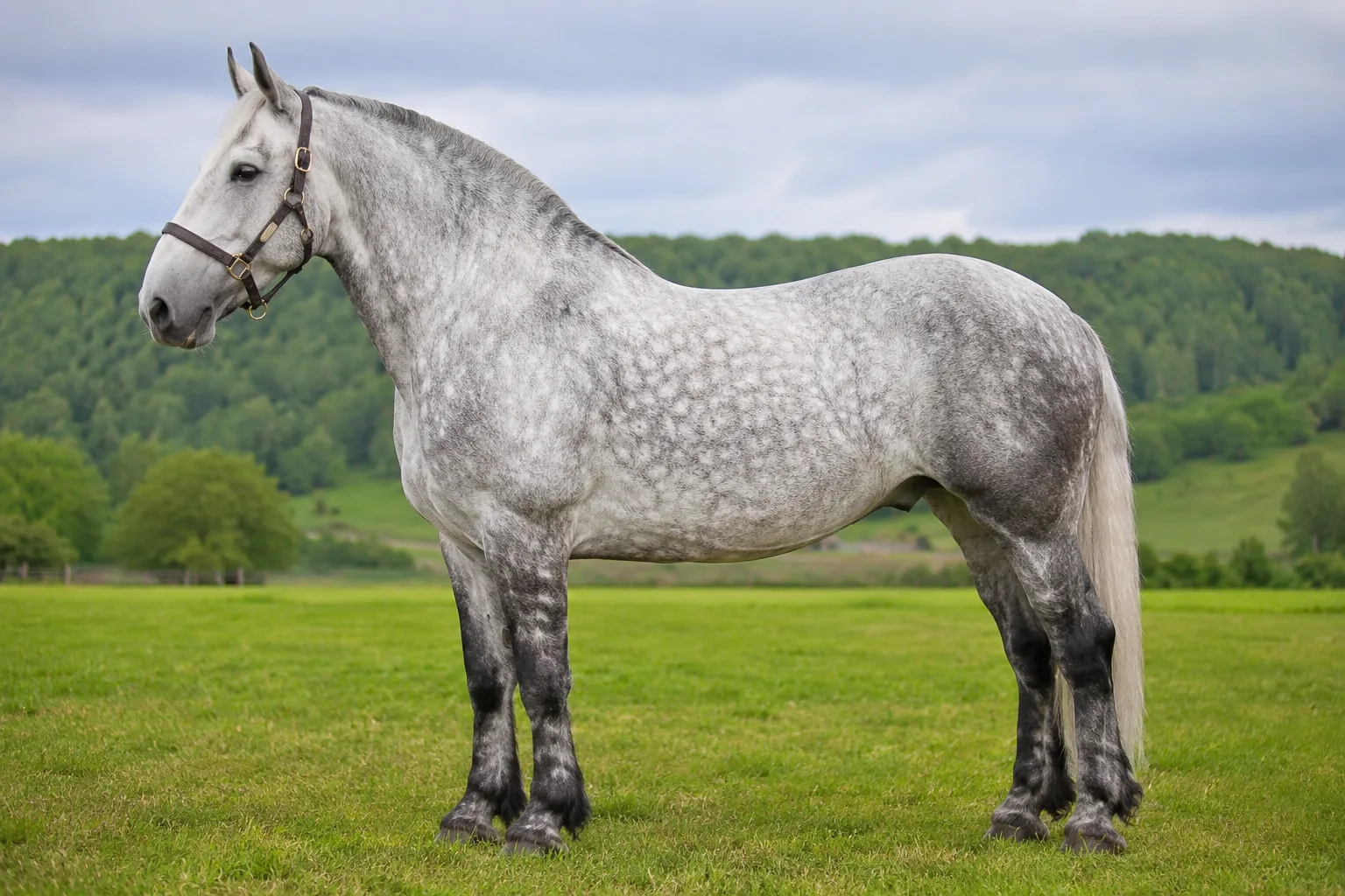 Dappled grey Percheron horse, in profile, standing in a green meadow under a clear sky.
