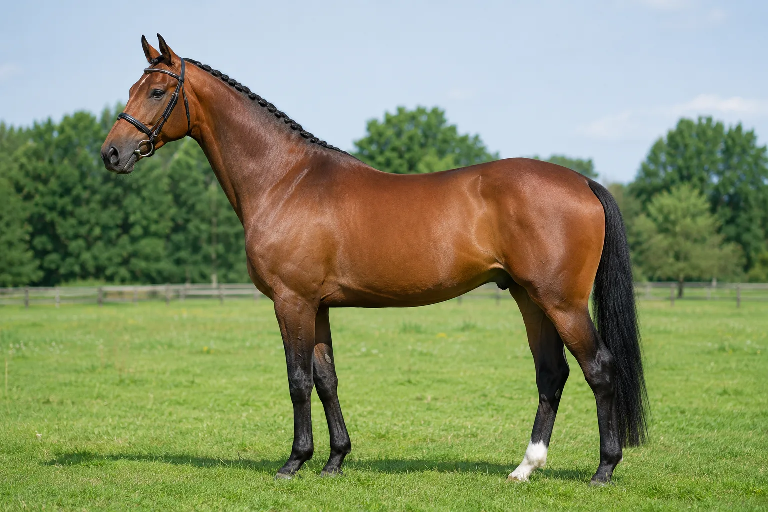 Realistic photo of a bay New Forest Pony, in profile, in a green meadow, showing its harmonious and robust silhouette.
