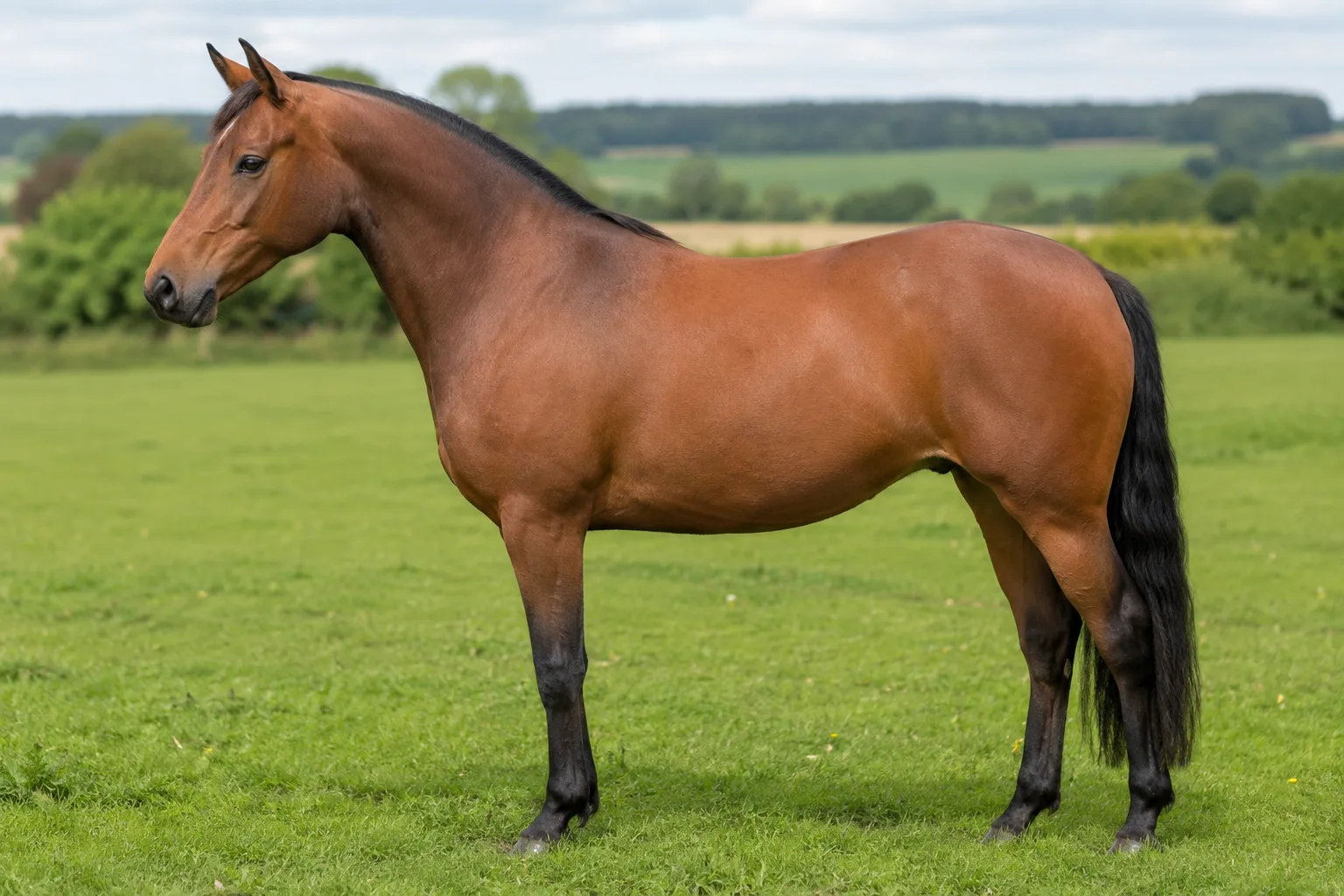 Bay Welsh Pony Section B, elegant and athletic, in profile in a lush green meadow