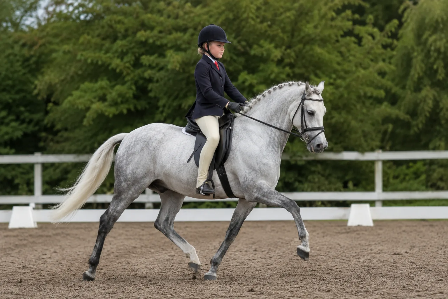 Welsh Pony in an elevated trot with a rider, in action on a dressage arena