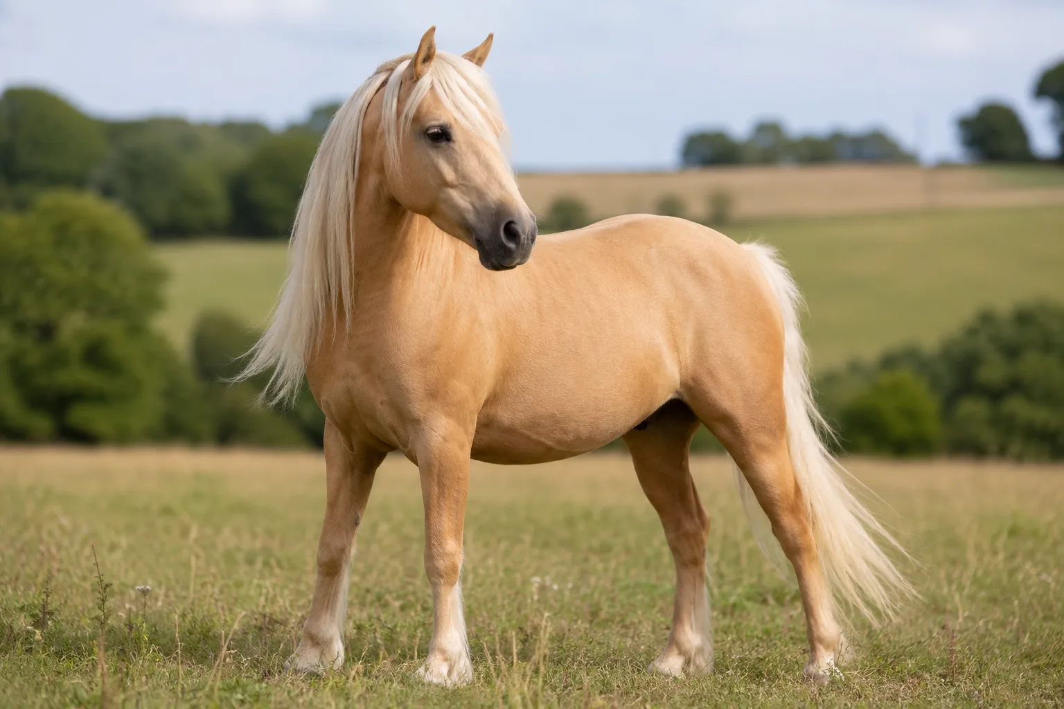 Palomino Welsh Pony, with light mane and tail, in a field