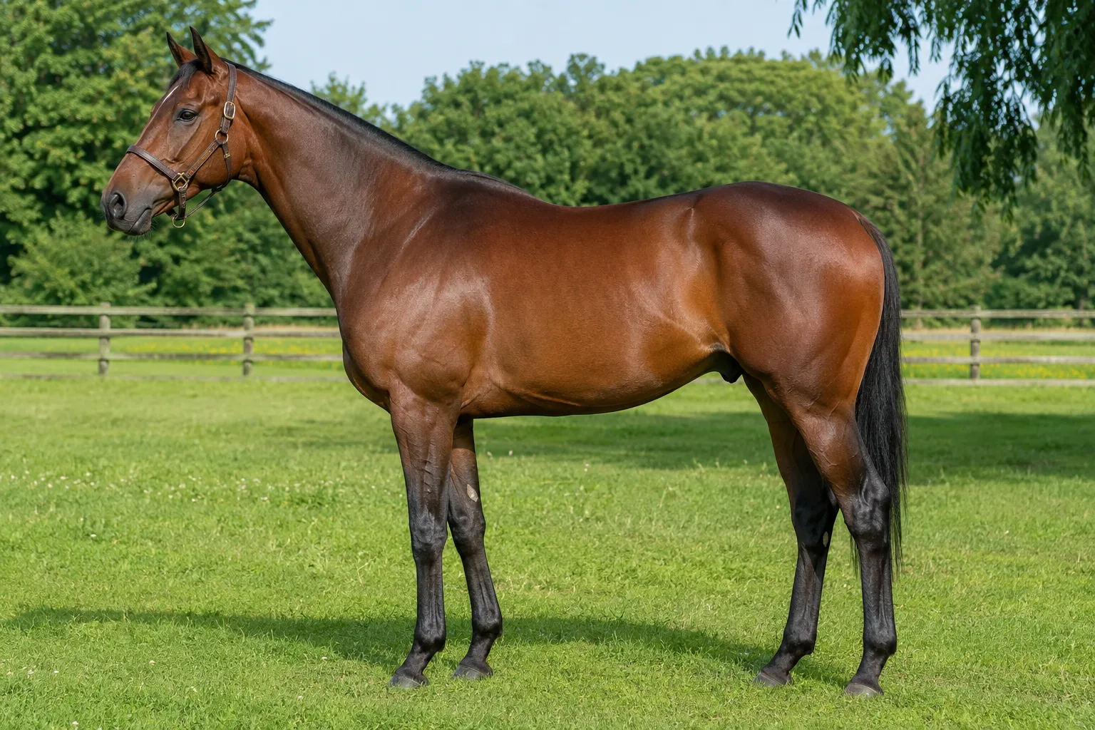 Bay Thoroughbred, in profile, in a lush green pasture, showing its athletic and slender silhouette.
