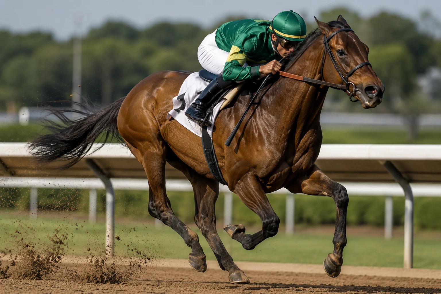 Bay Thoroughbred at full gallop on a racetrack, expressing its speed and power.