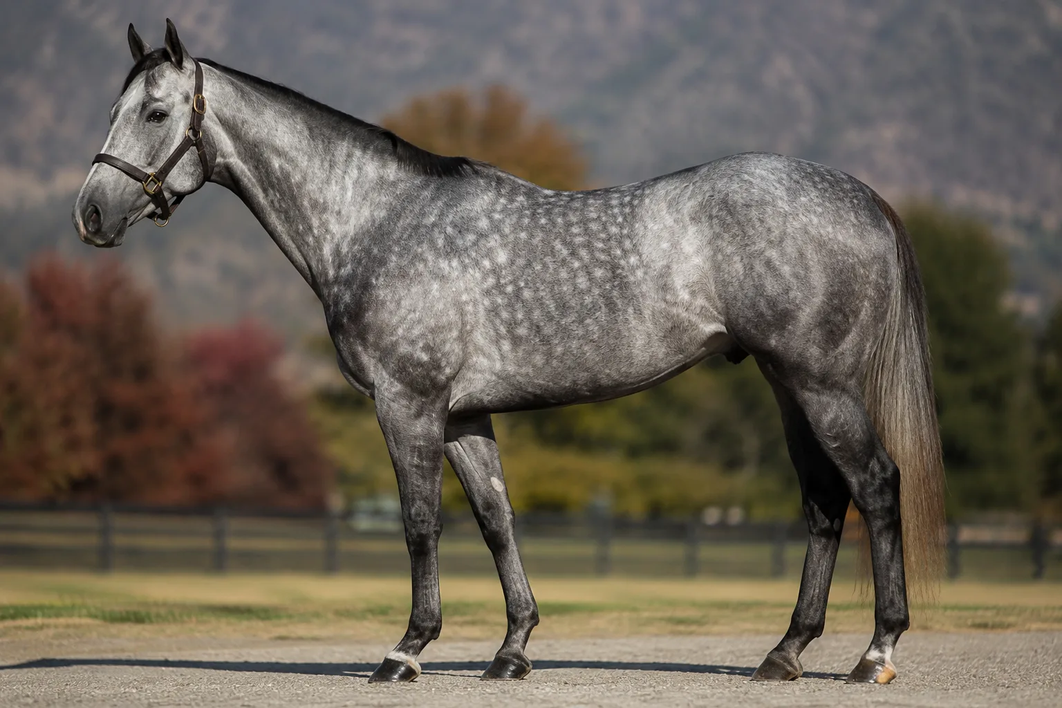 Dappled grey Thoroughbred, showing the fineness of its coat and the elegance of its conformation.