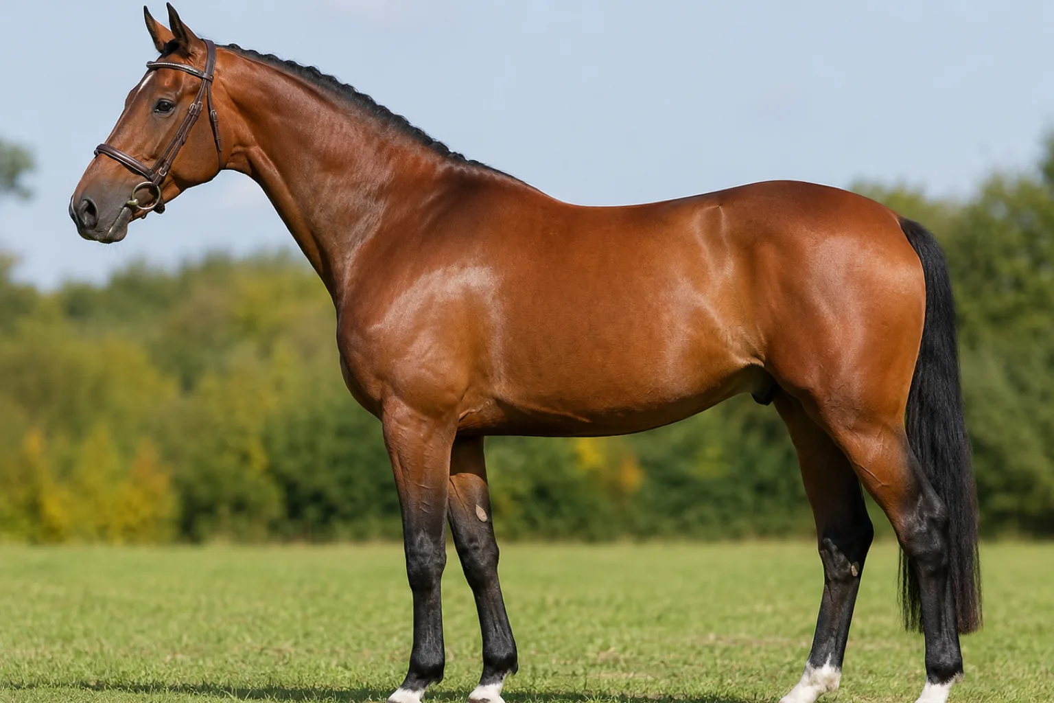 Bay Selle Français horse, in profile, standing in a green meadow, showcasing its athletic and elegant silhouette.