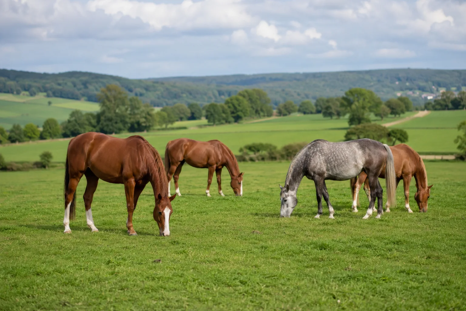 Several Selle Français horses grazing in a large green meadow, natural setting.