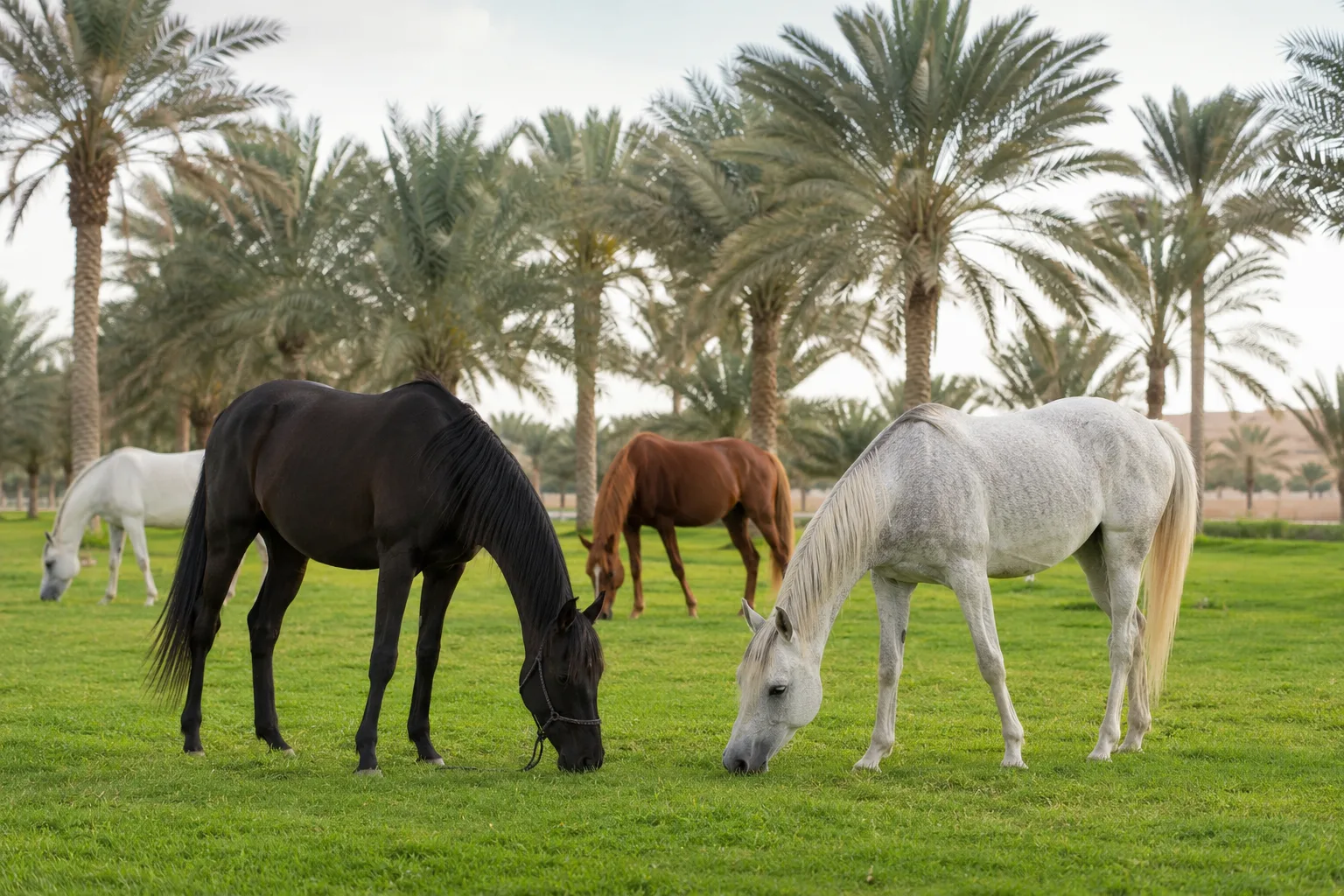 Several Shire horses grazing peacefully in a typical English countryside landscape.