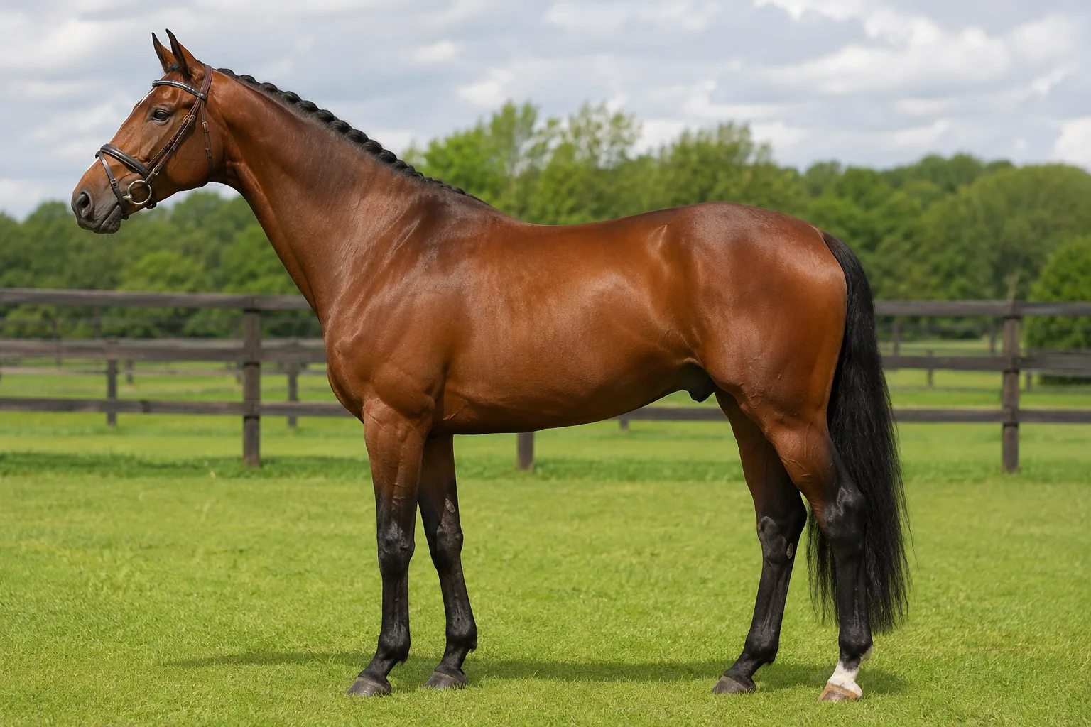 Cheval Trakehner bai, élégant et athlétique, debout de profil dans un pré verdoyant.