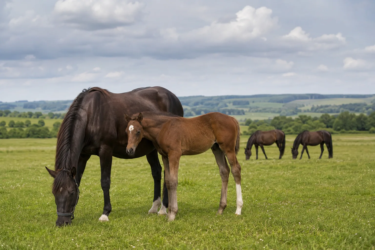 Troupeau de chevaux Trakehner au pâturage dans un grand pré, avec des collines en arrière-plan.