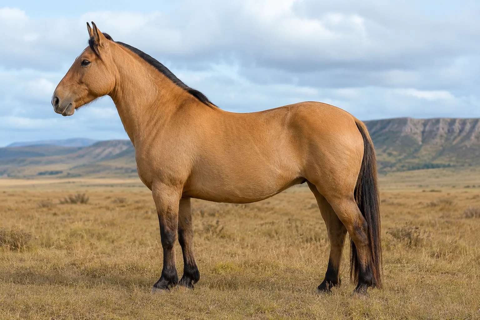 Bay French Trotter, in profile, standing in a green meadow, showing its athletic build.