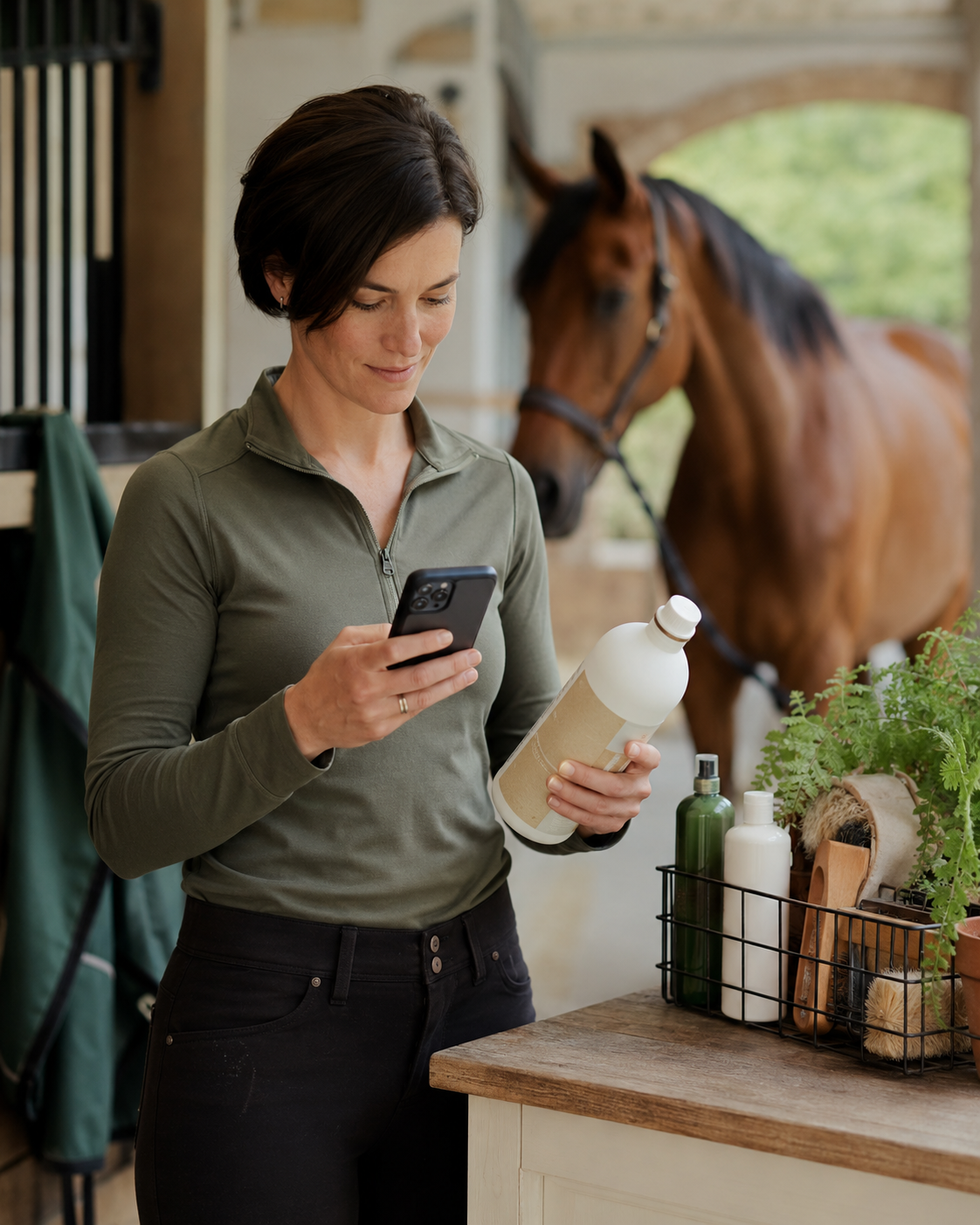 Soins cheval et composition des produits : application de soin équin, vérification de produit et surveillance de réaction cutanée. Vérification de sécurité et gestion des soins équins avec Equio.