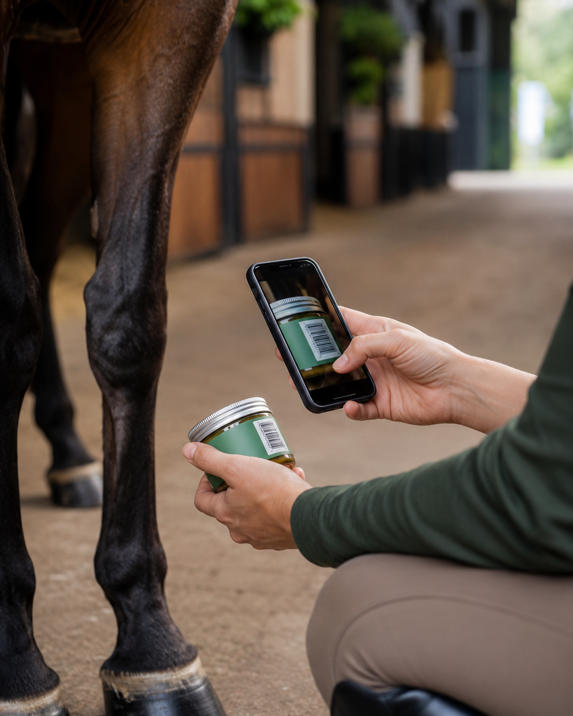 Complément digestif cheval : application de soin équin, vérification de produit et surveillance de réaction cutanée. Vérification de sécurité et gestion des soins équins avec Equio.